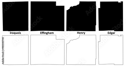 Henry, Effingham, Edgar and Iroquois County, Illinois (U.S. county, United States of America, USA, U.S., US) map vector illustration, scribble sketch map