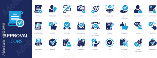 Approval flat icons set. Check mark, certified, validation, agreement, thumps up, settings, shield icons and more signs. Flat icon collection. 