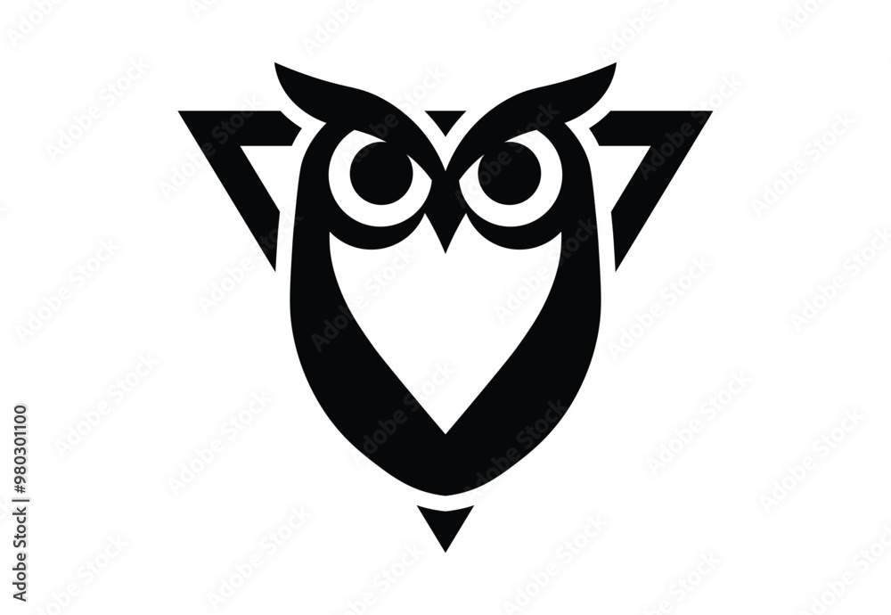Stylized Monochrome Owl in Triangle Logo on White Background Stylized Monochrome Owl in Triangle Logo on White Background
