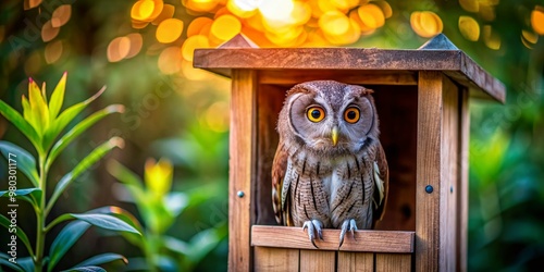 A serene Eurasian scops owl perches within a wooden nesting box in a lush backyard garden, its big round eyes gleaming during the breeding season's twilight hours. photo