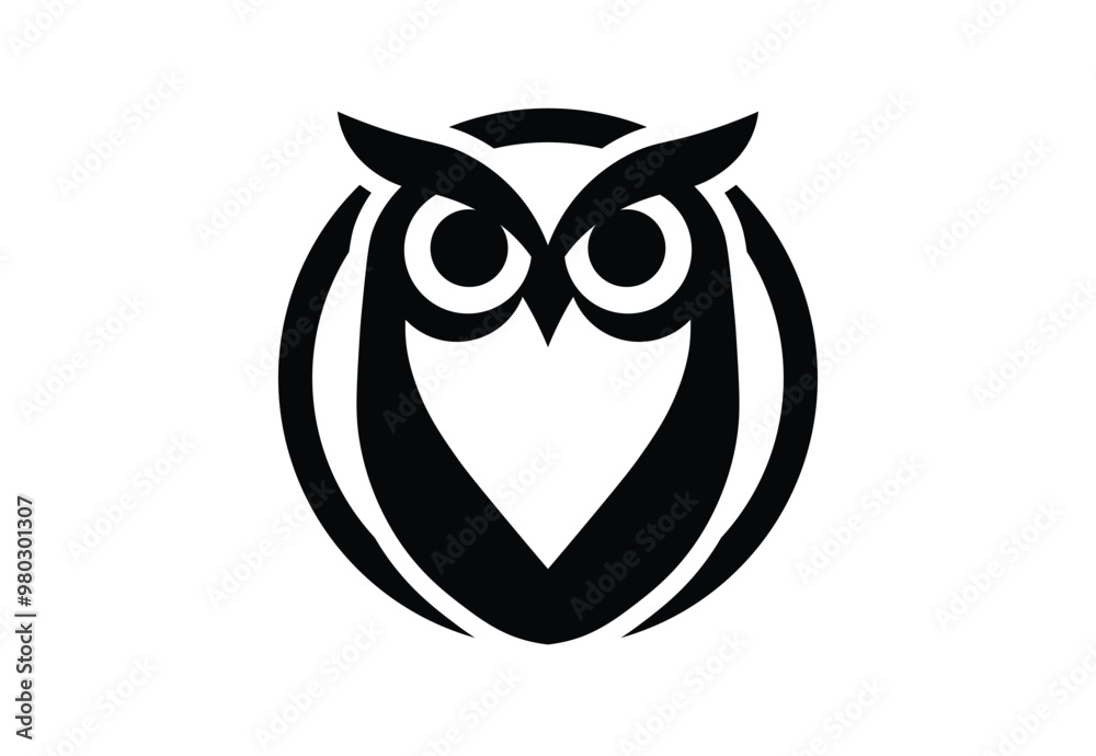 Stylized Monochrome Owl in Circle Logo on White Background Stylized Monochrome Owl in Circle Logo on White Background