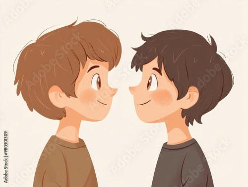 Two boys with short hair and brown eyes gazing curiously at each other