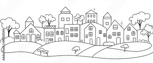 A continuous one line drawing of a rural landscape featuring a lake house in the woods. The silhouette of a country house in a panorama. A minimalistic contour drawing of a village. photo