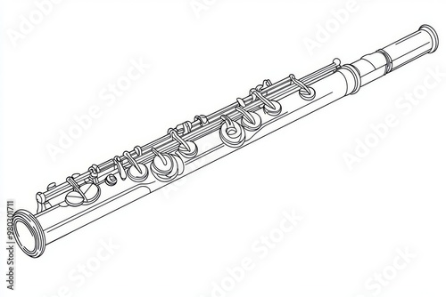 The classical flute is drawn continuously in one line. A modern single line illustration shows a modern graphic illustration of a wind instrument. photo