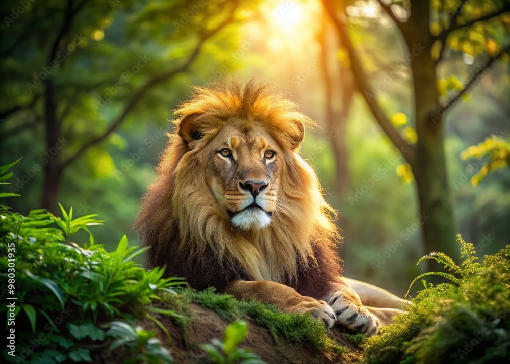 A majestic lion relaxes in a serene forest setting, basking in warm, soft light that filters through lush green foliage, exuding tranquility and peaceful coexistence. A majestic lion relaxes in a serene forest setting, basking in warm, soft light that filters through lush green foliage, exuding tranquility and peaceful coexistence.