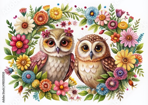 An enchanting illustration featuring two owls surrounded by a wreath of vibrant flowers, exuding a whimsical and natural charm. Perfect for nature and wildlife art enthusiasts.