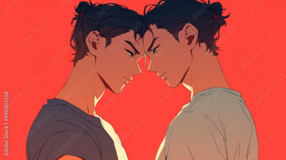 Two Men Gazing Into Each Other's Eyes in Anime Style, Featuring a Boy with Short Brown Hair Tied in Twin Buns, Minimalist Design with Copy Space
Two Men Gazing Into Each Other's Eyes in Anime Style, Featuring a Boy with Short Brown Hair Tied in Twin Buns, Minimalist Design with Copy Space