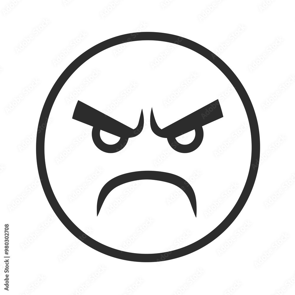 A minimalistic black line drawing of an angry face features furrowed brows and a frown, conveying strong emotions effectively for various design uses A minimalistic black line drawing of an angry face features furrowed brows and a frown, conveying strong emotions effectively for various design uses