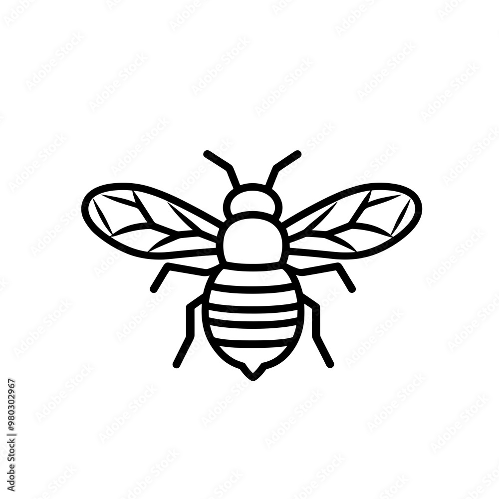 This vector icon displays a minimalist black and white representation of a bee, emphasizing its wings and segmented body through clean linework This vector icon displays a minimalist black and white representation of a bee, emphasizing its wings and segmented body through clean linework