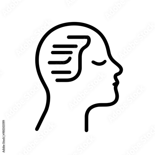 This vector icon displays a side profile of a human head, characterized by minimalistic lines that suggest inner thoughts or processes