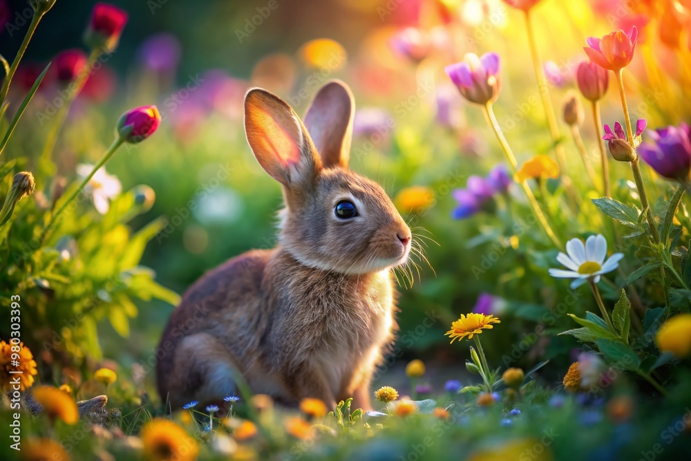 Adorable small brown rabbit sits peacefully in vibrant lush garden surrounded by colorful wildflowers and green grass in warm afternoon sunlight.