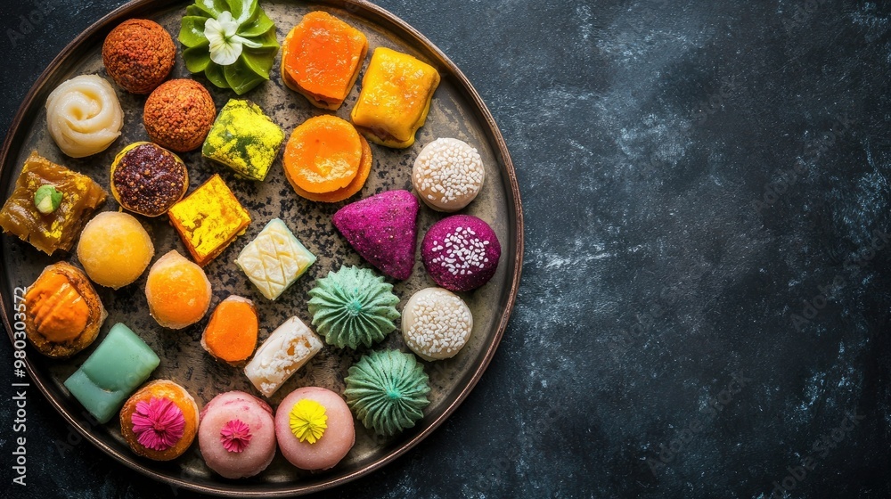 Top view of Indian sweets neatly arranged on a plate with plenty of space for text or greetings.