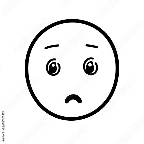 A minimalist line art icon depicting a sad face with large eyes and a frown. This design can be utilized in applications requiring emotional representations