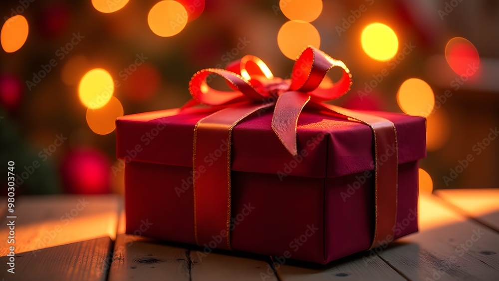 A red gift box with a gold ribbon against a warm bokeh background A red gift box with a gold ribbon against a warm bokeh background