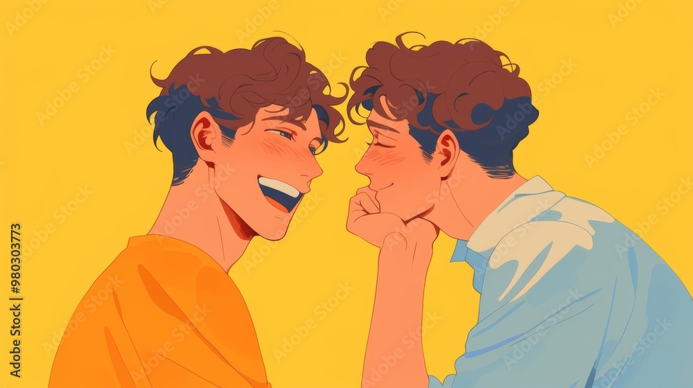 Two Men Looking at Each Other with Affectionate Eyes Against a Blue Sky and Fence Walls, Smiling Happily with Shy Blush Two Men Looking at Each Other with Affectionate Eyes Against a Blue Sky and Fence Walls, Smiling Happily with Shy Blush