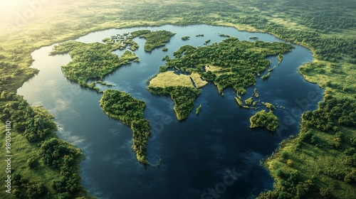 Green Earth Map   Aerial View of Continents as Islands