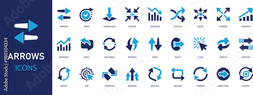 Arrow flat icons set. Pointer, change, switch, up, down, swap, exchange, right, left, download icons and more signs. Flat icon collection.