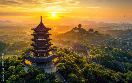 Mountain pagoda, sunrise and morning mist
