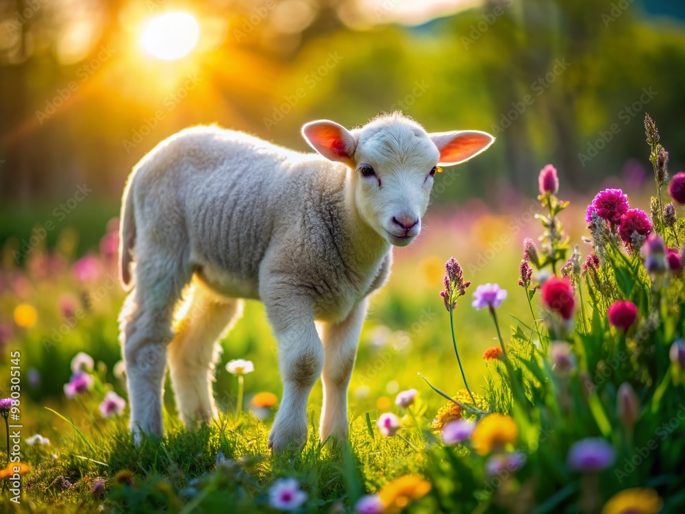 Obraz premium Adorable lamb grazes peacefully in lush green meadow surrounded by vibrant colorful flowers, soft sunlight casting gentle shadows on serene natural landscape.