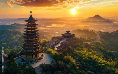 Mountain pagoda, sunrise and morning mist
