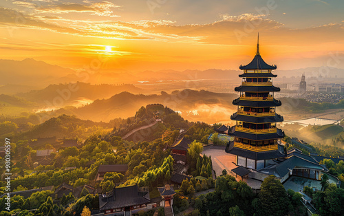 Mountain pagoda, sunrise and morning mist