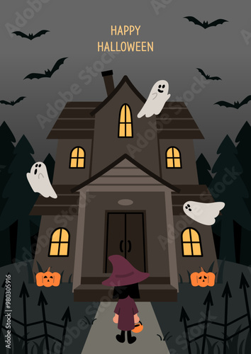 A little girl in witch costume is standing in front of the spooky house. Cartoon style Halloween vibe illustration. 