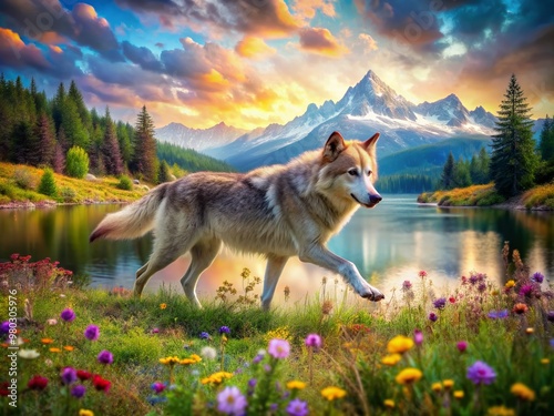 Majestic dire wolf strides confidently through a vibrant meadow, surrounded by a kaleidoscope of wildflowers, with a serene lake shimmering in the background.