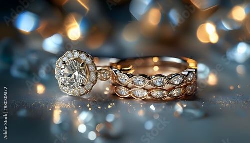 Elegant close-up of a stunning diamond ring and band with a backdrop of sparkling jewelry showcasing the sophistication of fine craftsmanship.