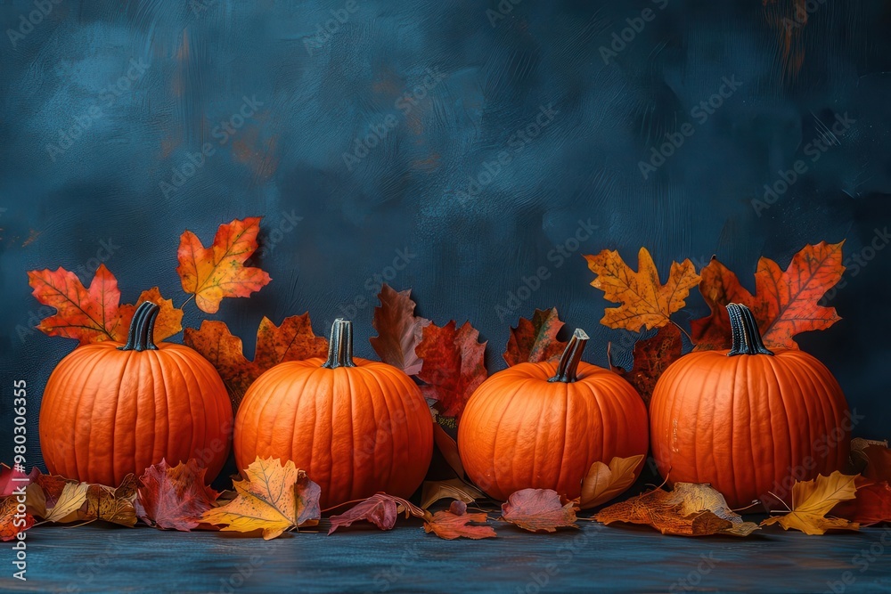 festive autumn arrangement vibrant pumpkins and leaves rustic wooden background warm ambient lighting