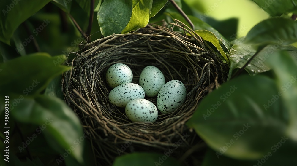 Nest with five speckled eggs in a lush green environment. Nest with five speckled eggs in a lush green environment.
