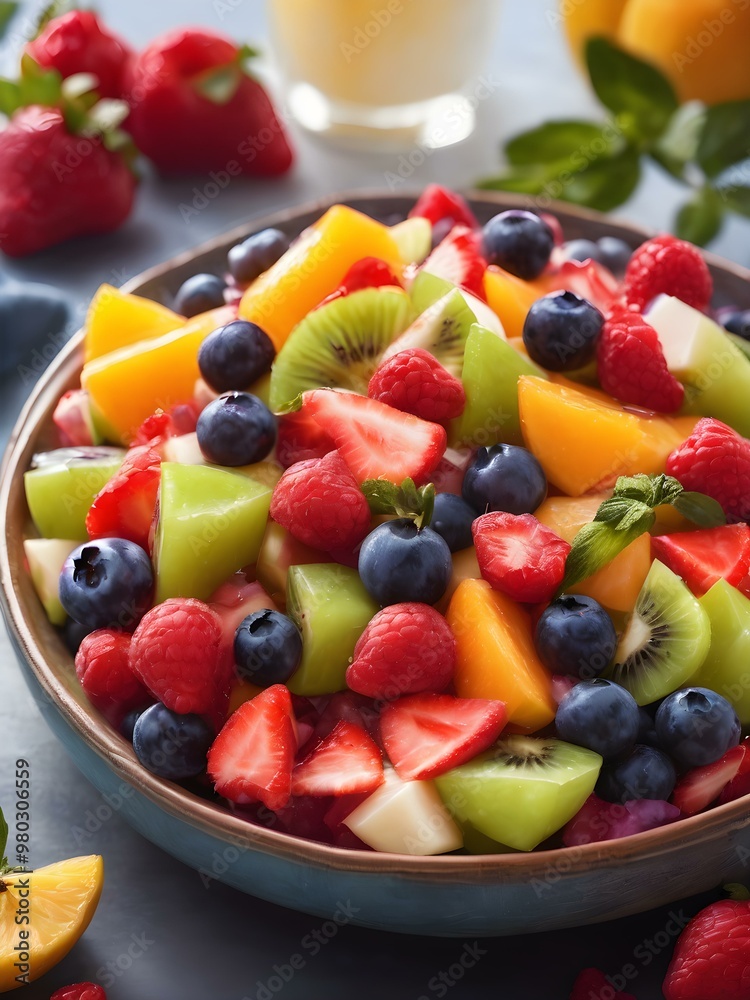 Purple-to-blue gradient lighting effect behind a plate of fruit salad, enhancing the freshness Purple-to-blue gradient lighting effect behind a plate of fruit salad, enhancing the freshness