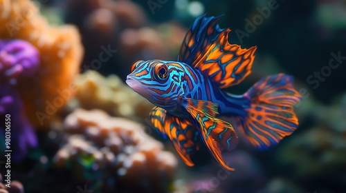 Colorful mandarin fish swimming near coral reef. photo