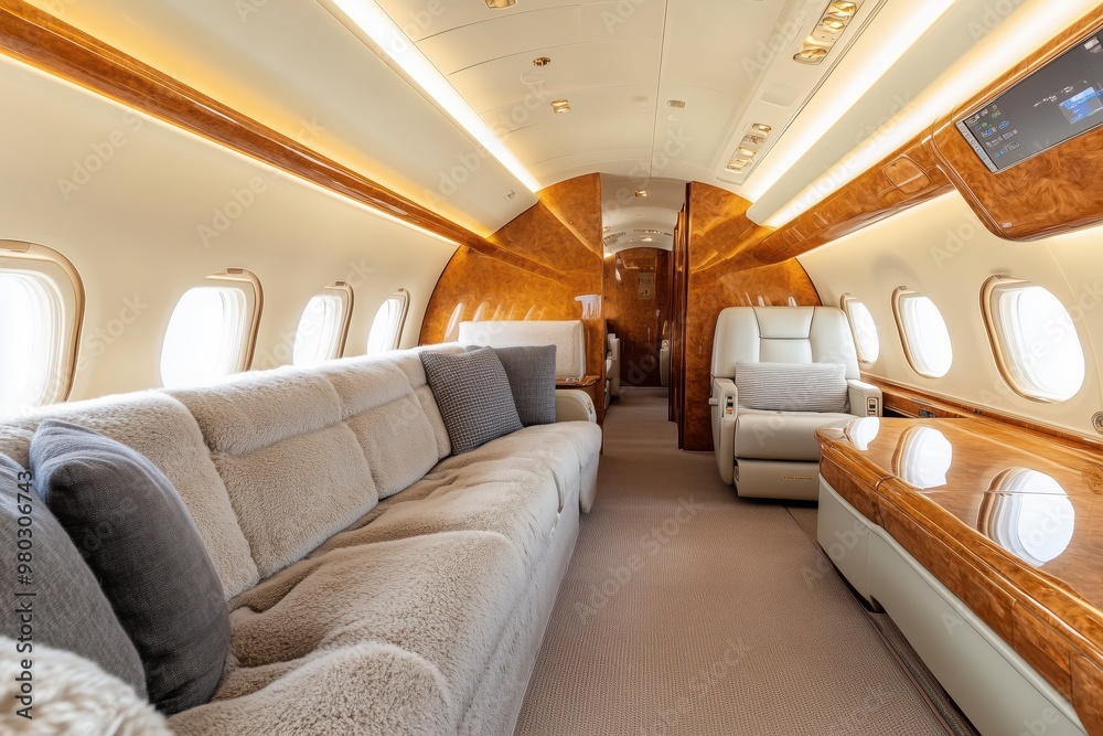 Luxurious Private Jet Interior with Plush Seating and Polished Wooden Finish Luxurious Private Jet Interior with Plush Seating and Polished Wooden Finish