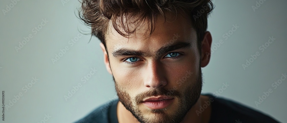 Close-up portrait of a man with blue eyes and tousled hair Close-up portrait of a man with blue eyes and tousled hair
