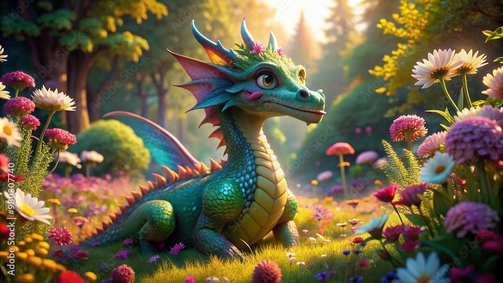 Obraz premium Vibrant 3D cartoon dragon with shimmering scales basks in warm sunlight, casting a gentle shadow, surrounded by lush greenery and blooming colorful flowers.