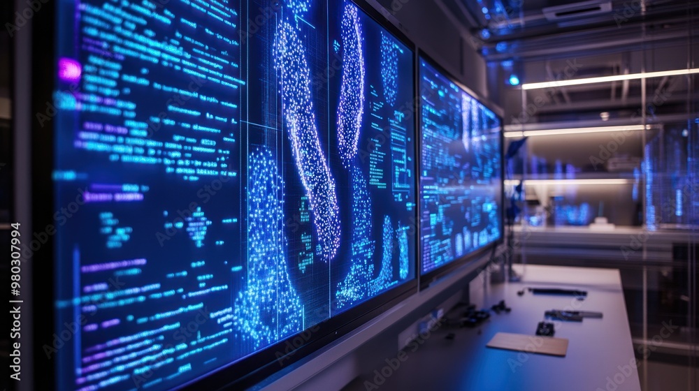A bioengineering lab focused on CRISPR technology, where scientists edit genes to prevent hereditary diseases. Holographic screens display genetic codes and mutations being corrected. A bioengineering lab focused on CRISPR technology, where scientists edit genes to prevent hereditary diseases. Holographic screens display genetic codes and mutations being corrected.