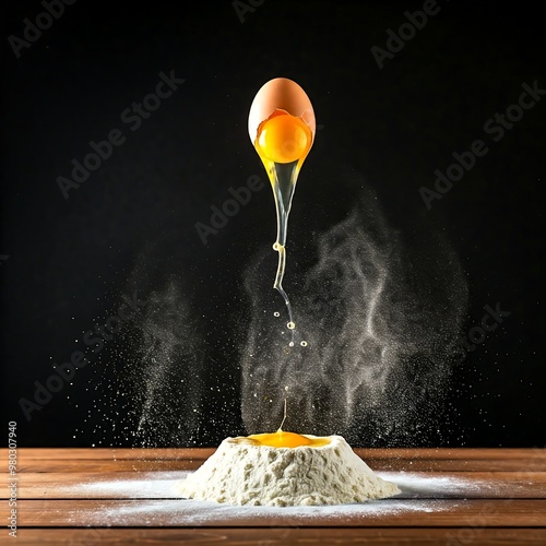 Pile of flour splash on a wooden table with floating eggs in the air on black background, food preparation concept, food photography for advertisement photo