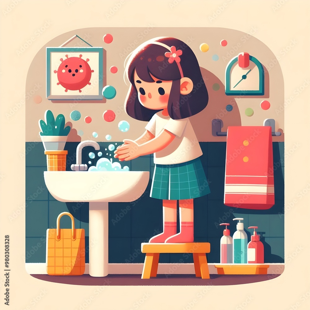 Young Girl Practicing Hygiene Washing Hands in Bathroom Sink Young Girl Practicing Hygiene Washing Hands in Bathroom Sink