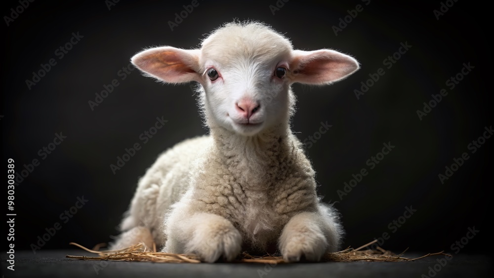 Fototapeta premium Adorable white lamb with fluffy fur and endearing expression sits alone on a dark black background, showcasing its innocent and peaceful nature perfectly.