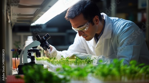 A bioengineer in a lab working on genetically modified crops to improve resilience against climate change. Petri dishes and advanced microscopes fill the sterile environment.