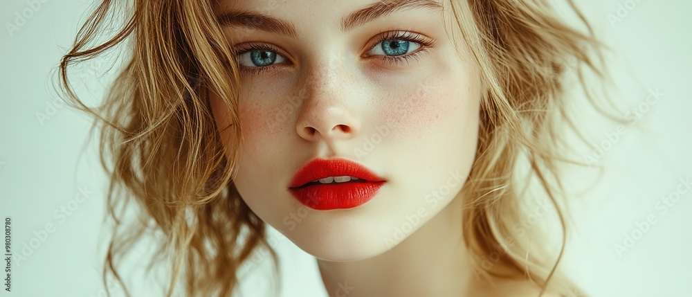 Fototapeta premium A blonde woman with red lipstick staring intensely at the camera