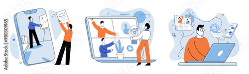 Online video meeting. Vector illustration. Webinars provide interactive platform for knowledge sharing in virtual meetings Workplaces adapt to virtual landscape through online video meetings