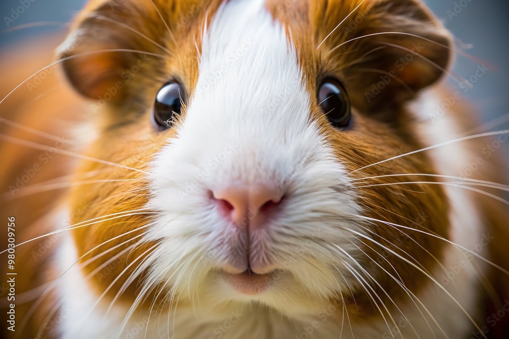 Adorable guinea pig's gentle face fills the frame, whiskers twitching, curious eyes shining bright, soft fur a mix of brown and white, tender nose sniffing air. Adorable guinea pig's gentle face fills the frame, whiskers twitching, curious eyes shining bright, soft fur a mix of brown and white, tender nose sniffing air.