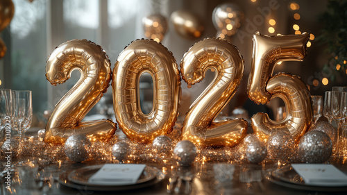 A glamorous New Year s Eve party with sparkling 2025 balloons, confetti, and elegant decor. photo