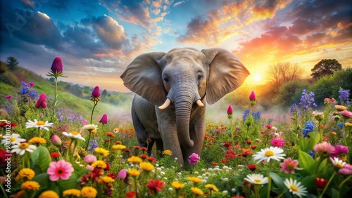 Vibrant flowers bloom in a lush meadow as a curious baby elephant stands alone, surrounded by nature's beauty and exuding innocence in a colorful scene. photo