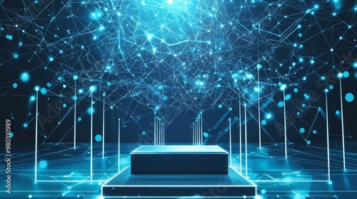 Futuristic blue digital background with a platform and glowing network connections, perfect for technology or network concepts. photo