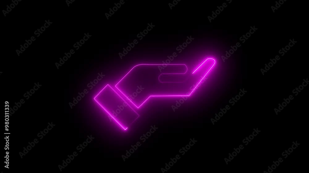 Glowing neon line purple color hand icon on black background. Glowing neon line purple color hand icon on black background.