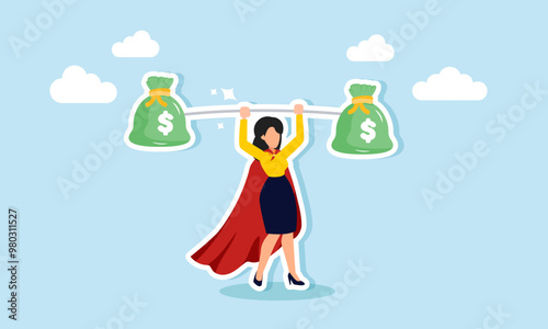 A super businesswoman lifting a sack of money, illustrating an entrepreneur who maintains investor trust by managing funds for business needs