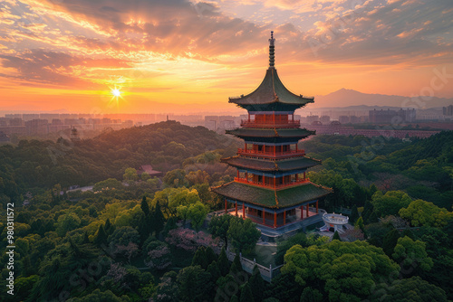 Mountain pagoda, sunrise and morning mist