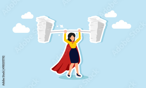 A super businesswoman lifting a heavy stack of papers, illustrating an entrepreneur who handles and completes a large workload